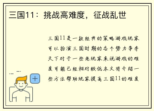 三国11：挑战高难度，征战乱世