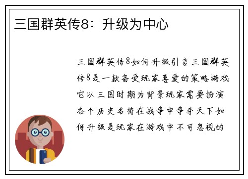 三国群英传8：升级为中心
